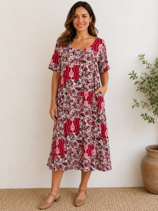 Blu sky Dresses & Skirts - LINEN/BAMBOO midi dress 3X patchwork short sleeve pockets A line boho laced